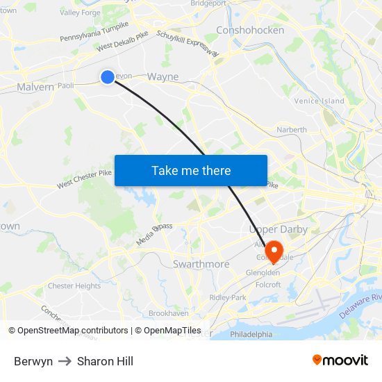 Berwyn to Sharon Hill map