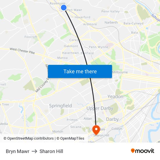 Bryn Mawr to Sharon Hill map