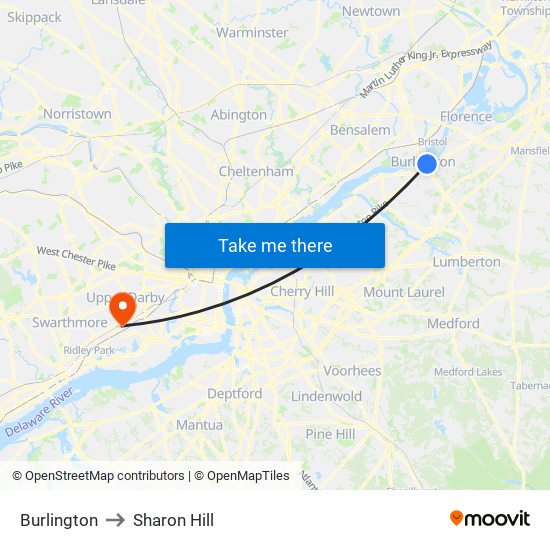 Burlington to Sharon Hill map