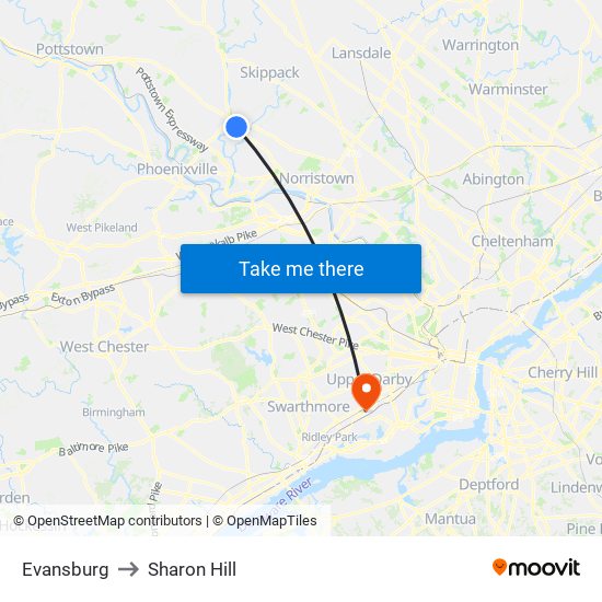 Evansburg to Sharon Hill map