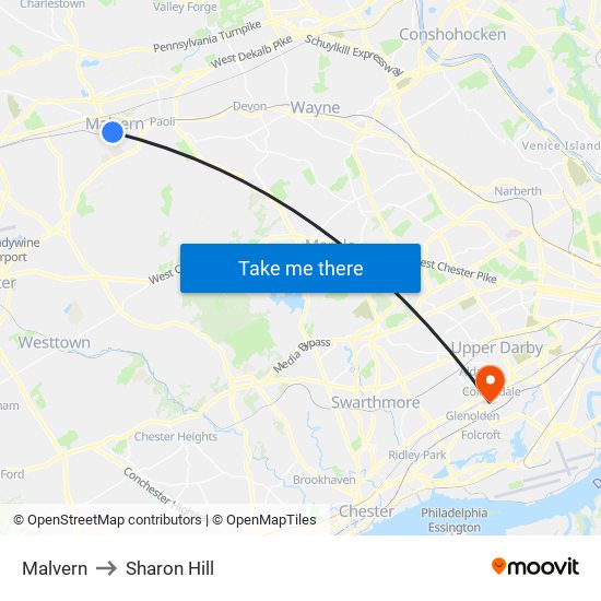 Malvern to Sharon Hill map