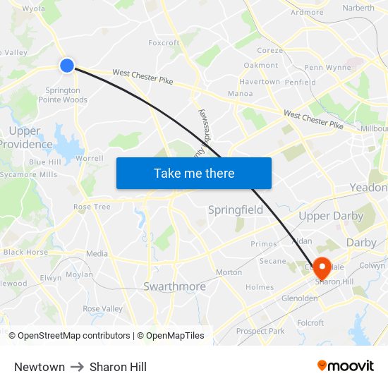Newtown to Sharon Hill map