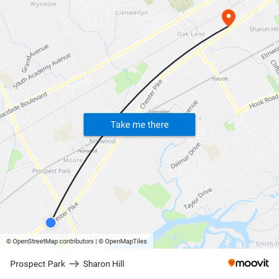 Prospect Park to Sharon Hill map