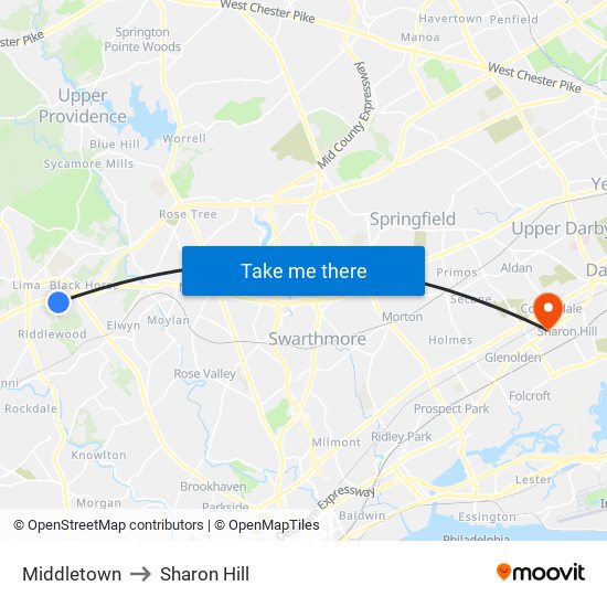 Middletown to Sharon Hill map