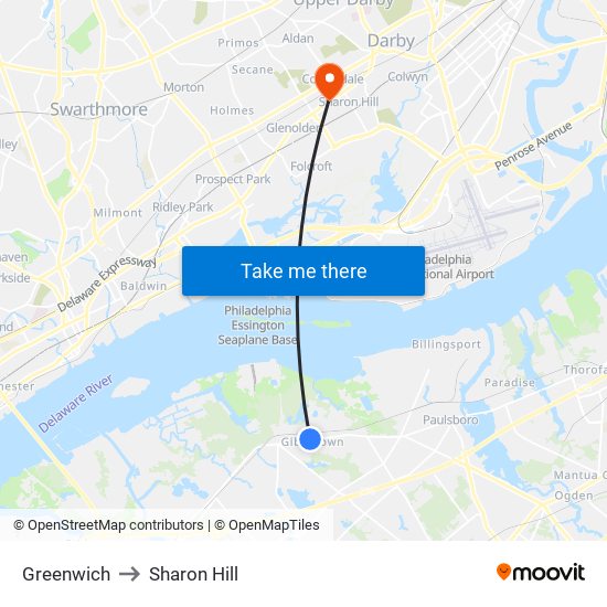 Greenwich to Sharon Hill map