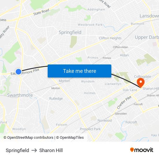 Springfield to Sharon Hill map