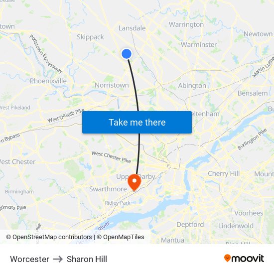 Worcester to Sharon Hill map