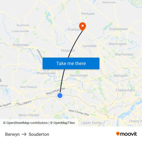 Berwyn to Souderton map