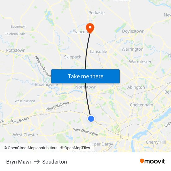 Bryn Mawr to Souderton map