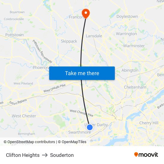 Clifton Heights to Souderton map