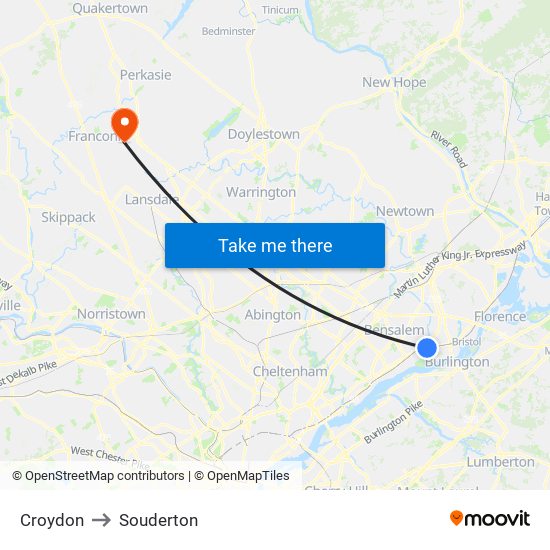 Croydon to Souderton map