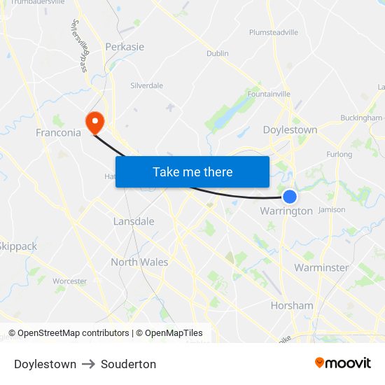 Doylestown to Souderton map