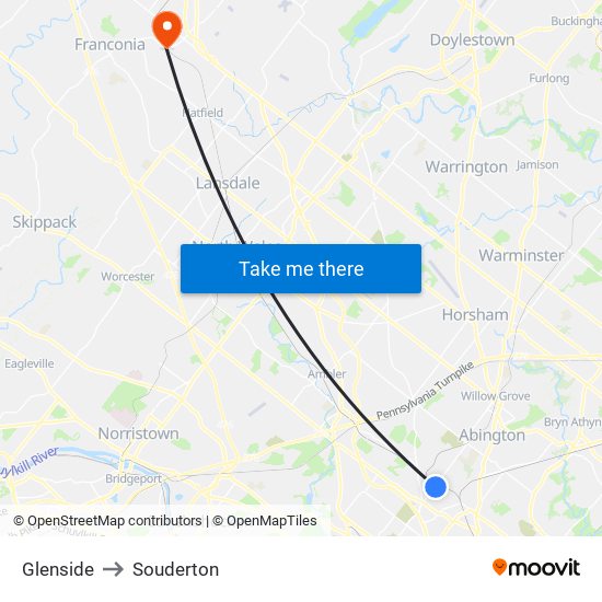 Glenside to Souderton map