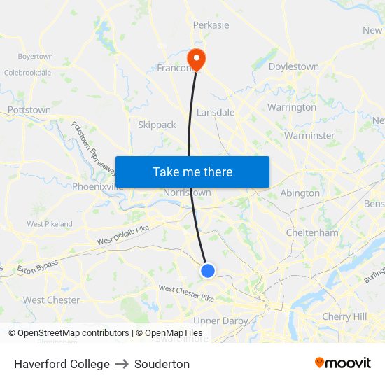 Haverford College to Souderton map