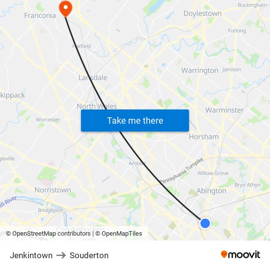 Jenkintown to Souderton map