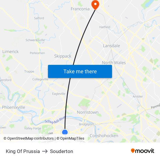 King Of Prussia to Souderton map