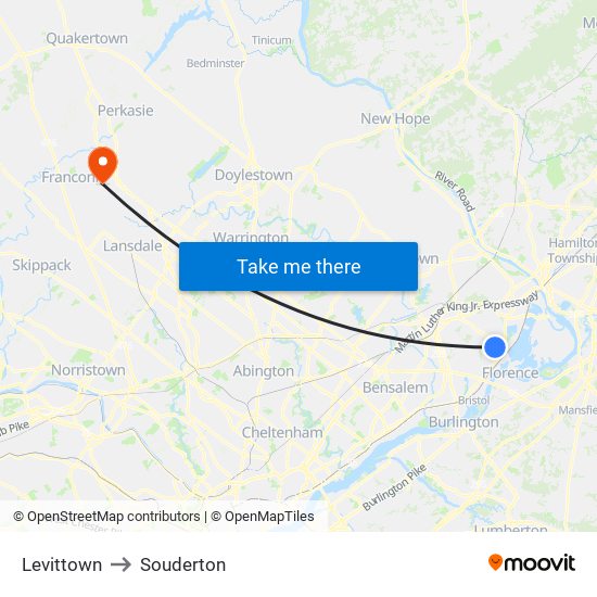 Levittown to Souderton map