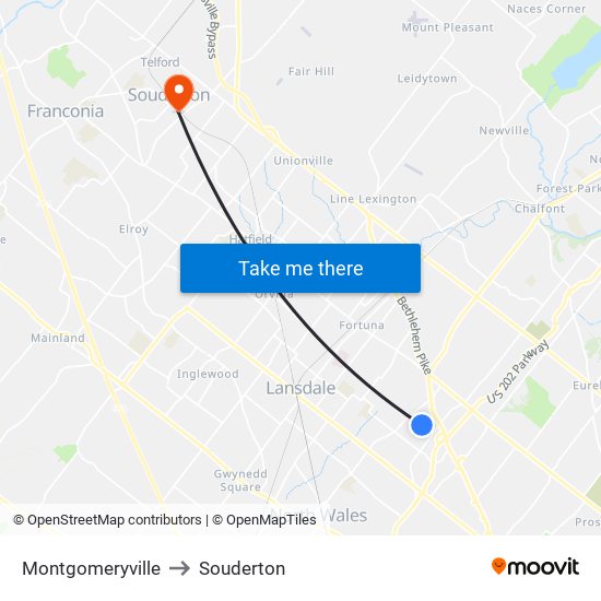 Montgomeryville to Souderton map