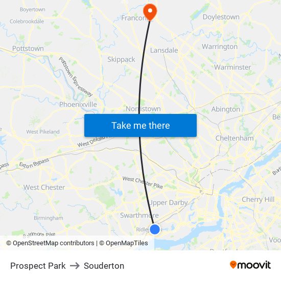 Prospect Park to Souderton map