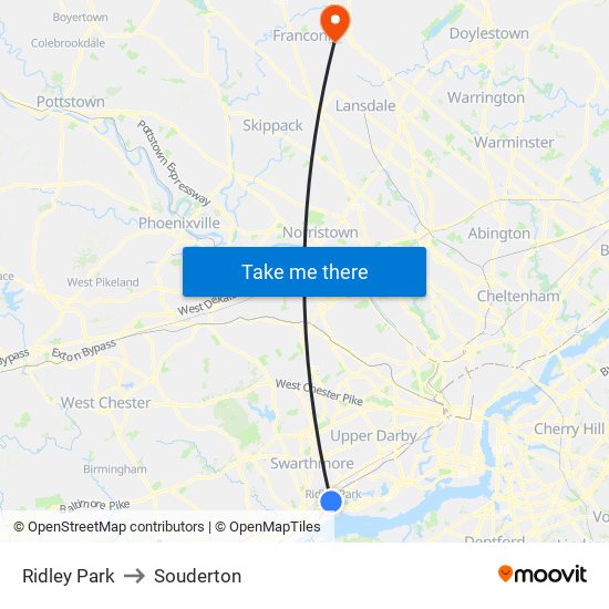 Ridley Park to Souderton map