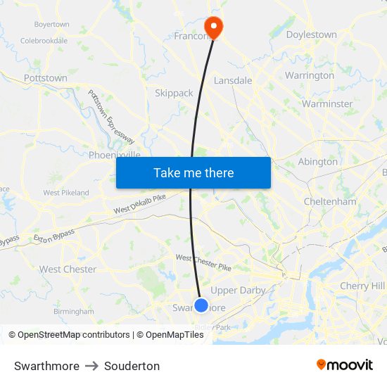 Swarthmore to Souderton map