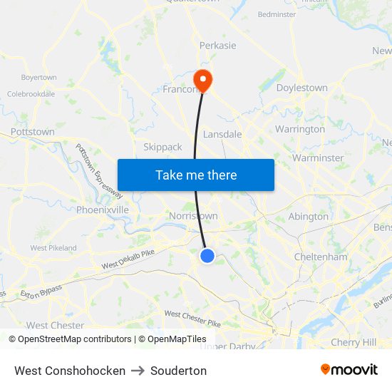 West Conshohocken to Souderton map