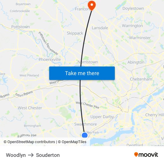 Woodlyn to Souderton map