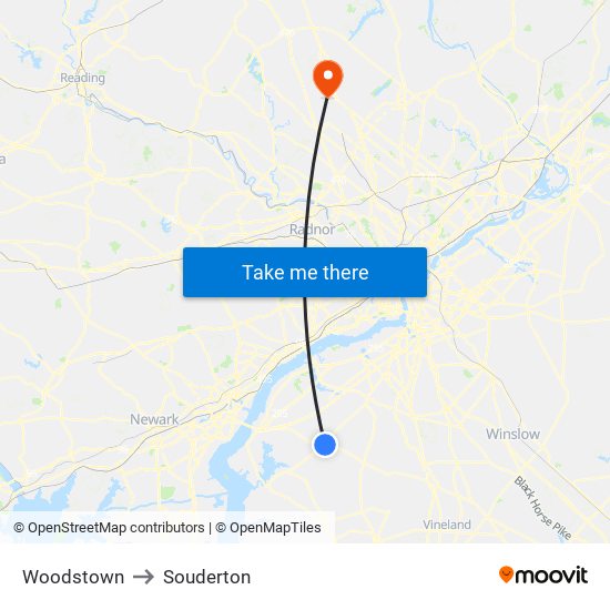 Woodstown to Souderton map