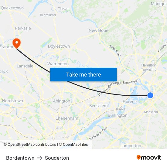 Bordentown to Souderton map