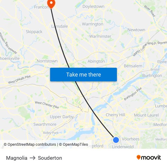 Magnolia to Souderton map
