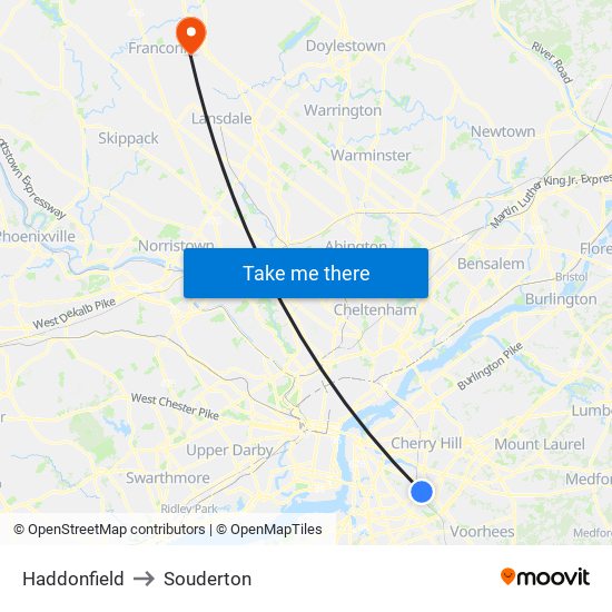 Haddonfield to Souderton map