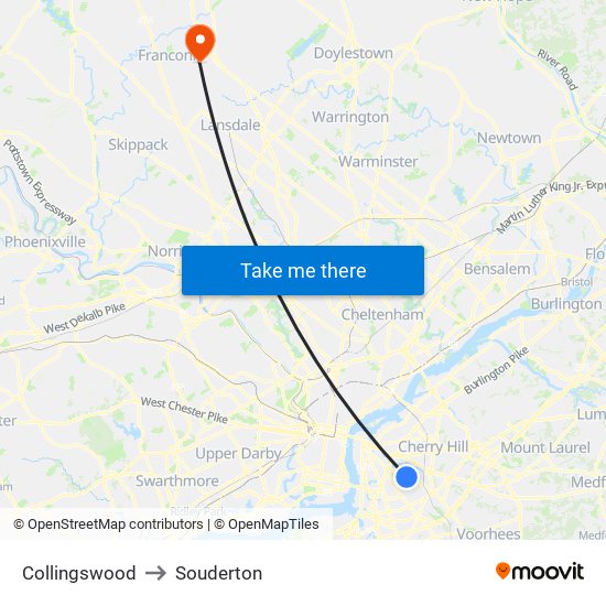 Collingswood to Souderton map