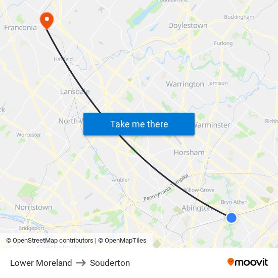 Lower Moreland to Souderton map