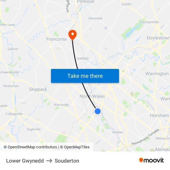 Lower Gwynedd to Souderton map