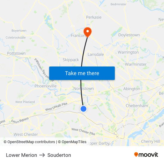 Lower Merion to Souderton map
