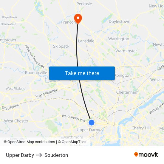 Upper Darby to Souderton map