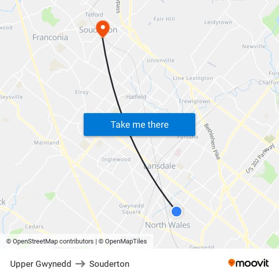 Upper Gwynedd to Souderton map