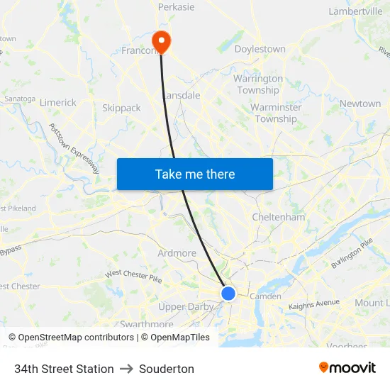 34th Street Station to Souderton map