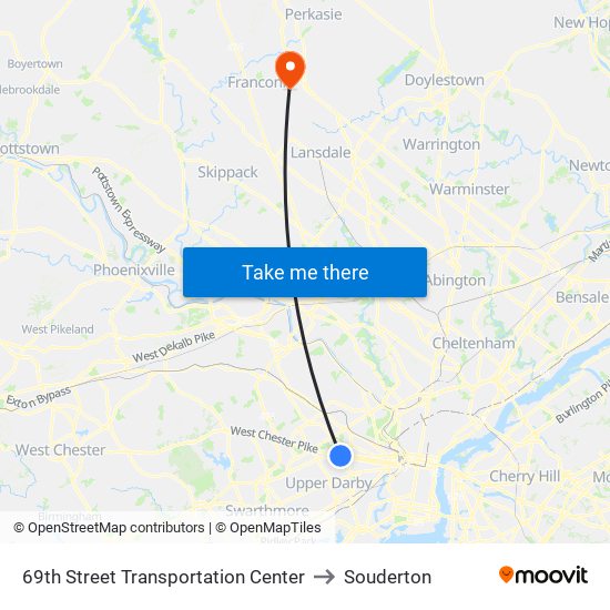 69th Street Transportation Center to Souderton map