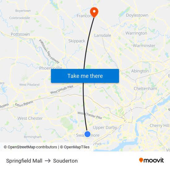 Springfield Mall to Souderton map