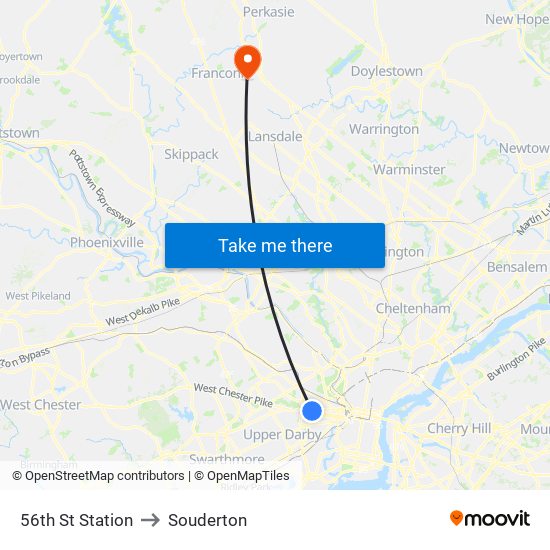 56th St Station to Souderton map