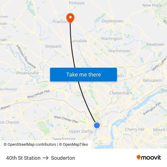 40th St Station to Souderton map