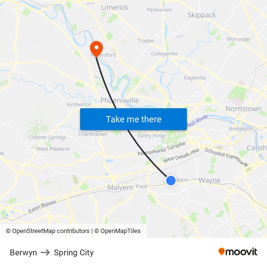 Berwyn to Spring City map