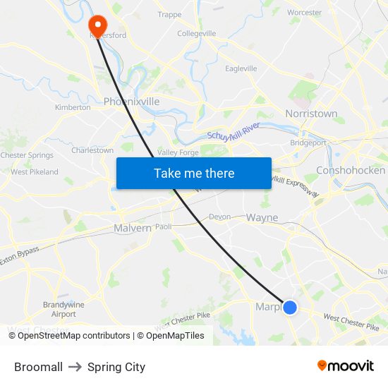 Broomall to Spring City map