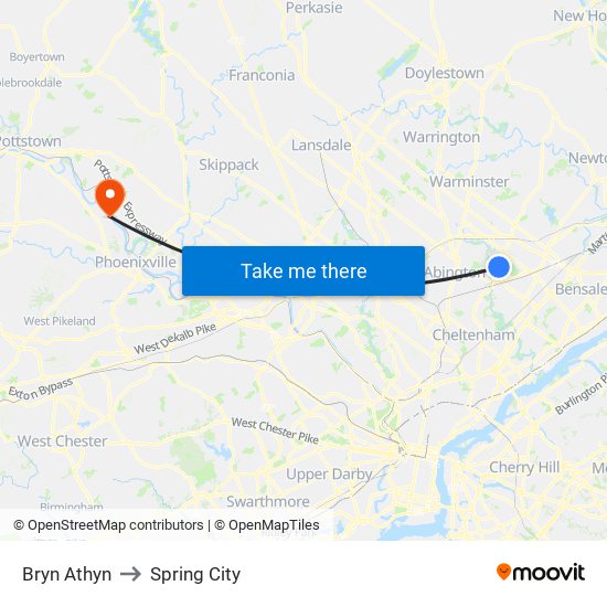 Bryn Athyn to Spring City map
