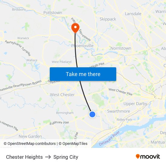 Chester Heights to Spring City map
