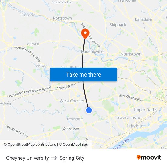 Cheyney University to Spring City map
