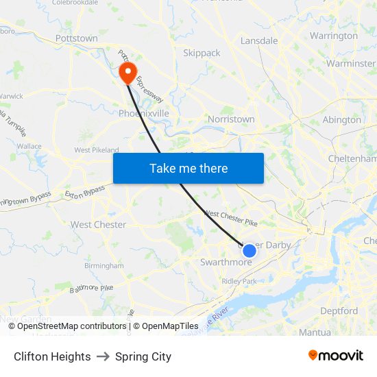 Clifton Heights to Spring City map