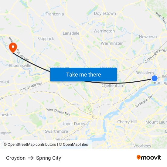 Croydon to Spring City map