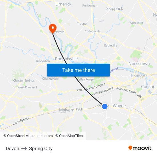 Devon to Spring City map